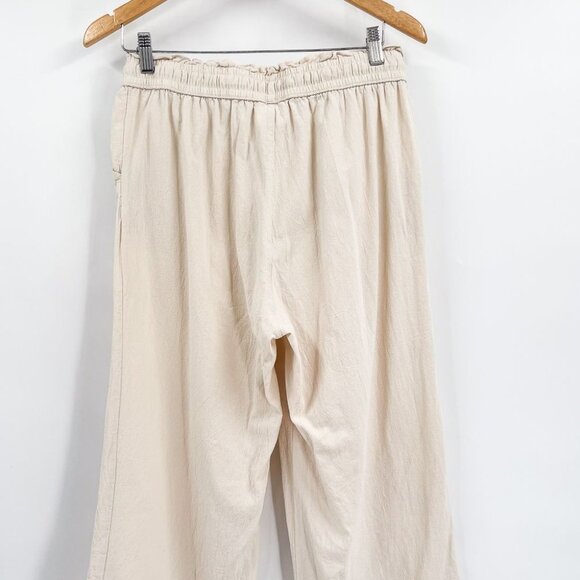 Linen Cropped Wide Leg High Waisted Tan Drawstring Waist Pants Lightweight - Picture 3 of 7